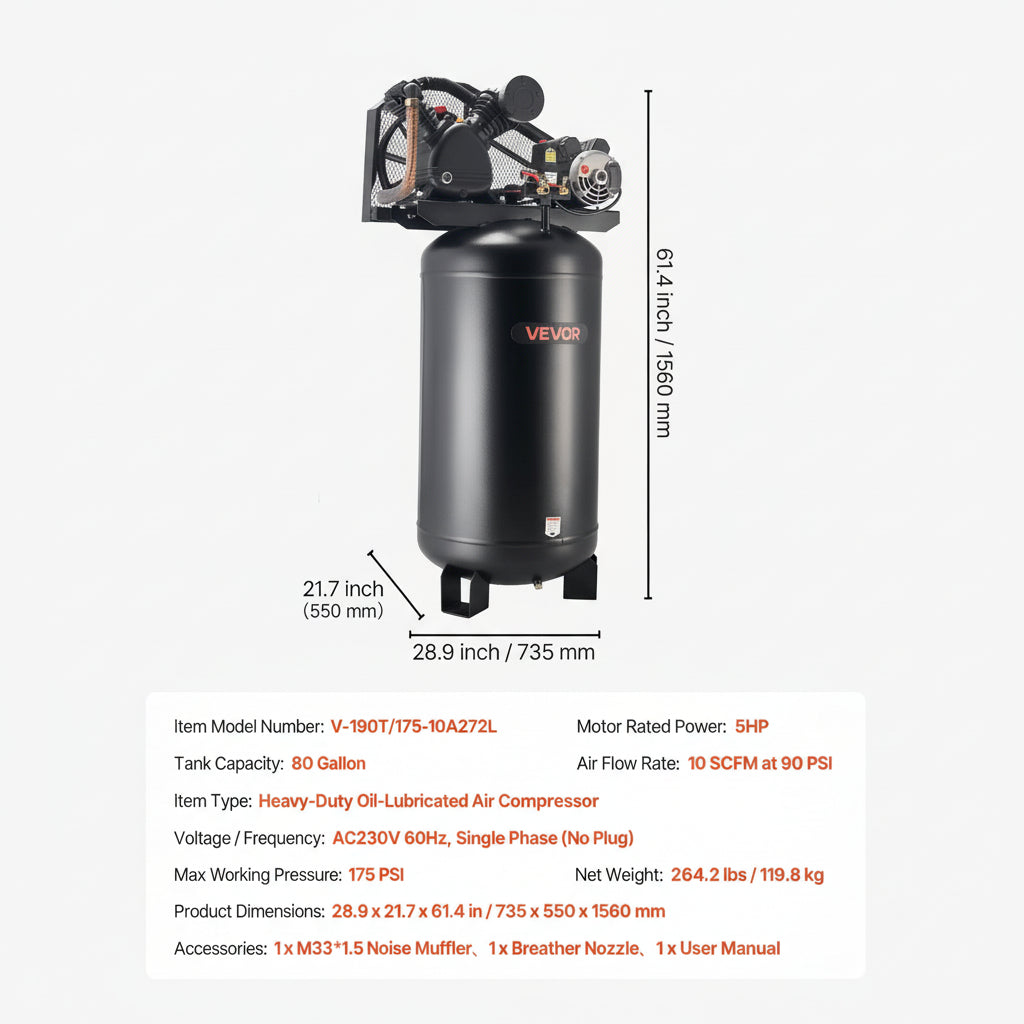VEVOR 80 Gallons Heavy-Duty Air Compressor 5HP 10 SCFM at 90PSI Oil-Lubricated